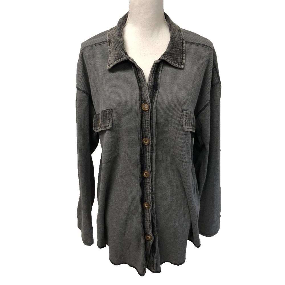 Anniewear‎ Thermal Knit Top Womens Large Gray Button Up Oversize Comfort Casual